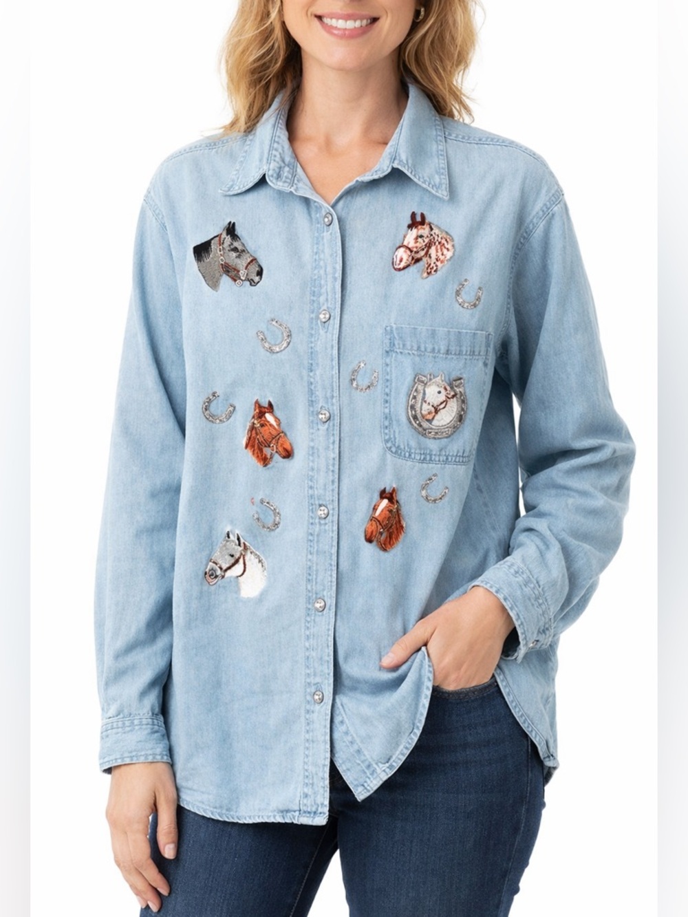 Women’s Vintage Denim Shirt XL Horse Embroidered Western Equestrian Button Up